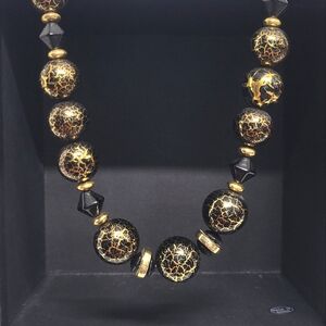 Vintage Japan Black and Gold Crackle Bead Necklace